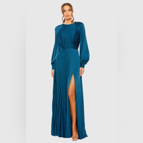 Mac Duggal Dresses & Skirts - NWT | Mac Duggal 26590 Blue Pleated High Neck Long Sleeve Side Slit Gown Size 10